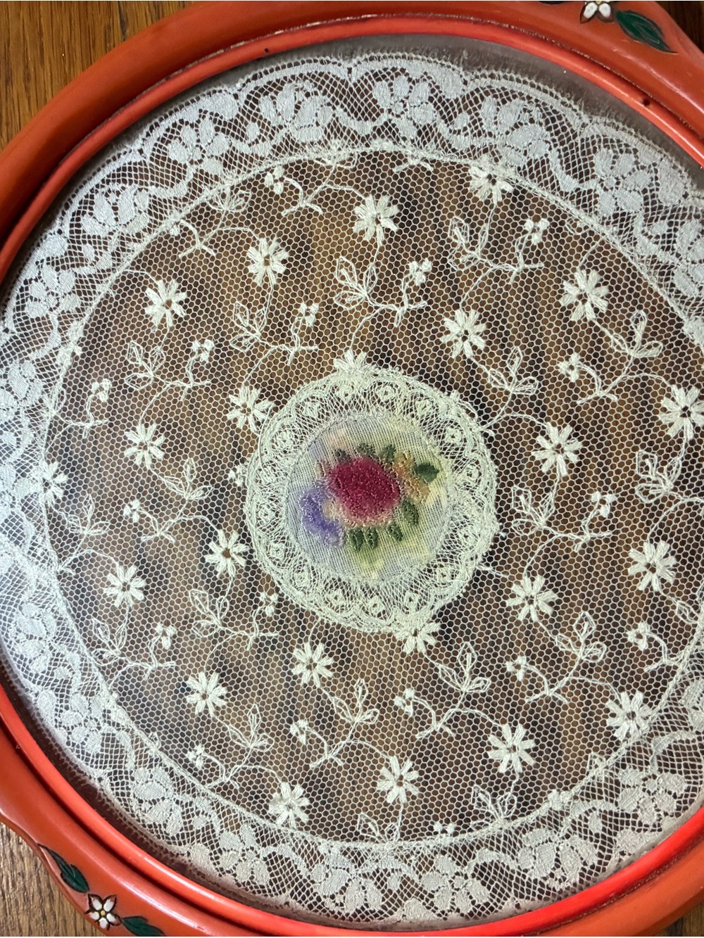 Vintage Floral Embroidered Lace Tray Top in Coral Frame
